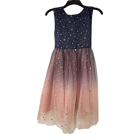 Girls Galaxy Sparkle Tulle Party Dress — Navy Pink Ombre Star Skirt — Size 11/12 - Picture 1 of 5